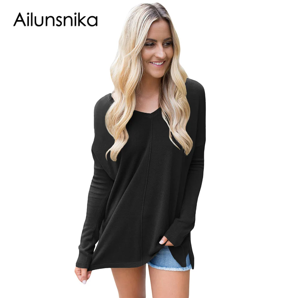 Ailunsnika V Neck Cashmere Sweater Long Sleeve Oversized Knitwear Women knitted sweater Winter Pullover jersey mujer invierno | Женская
