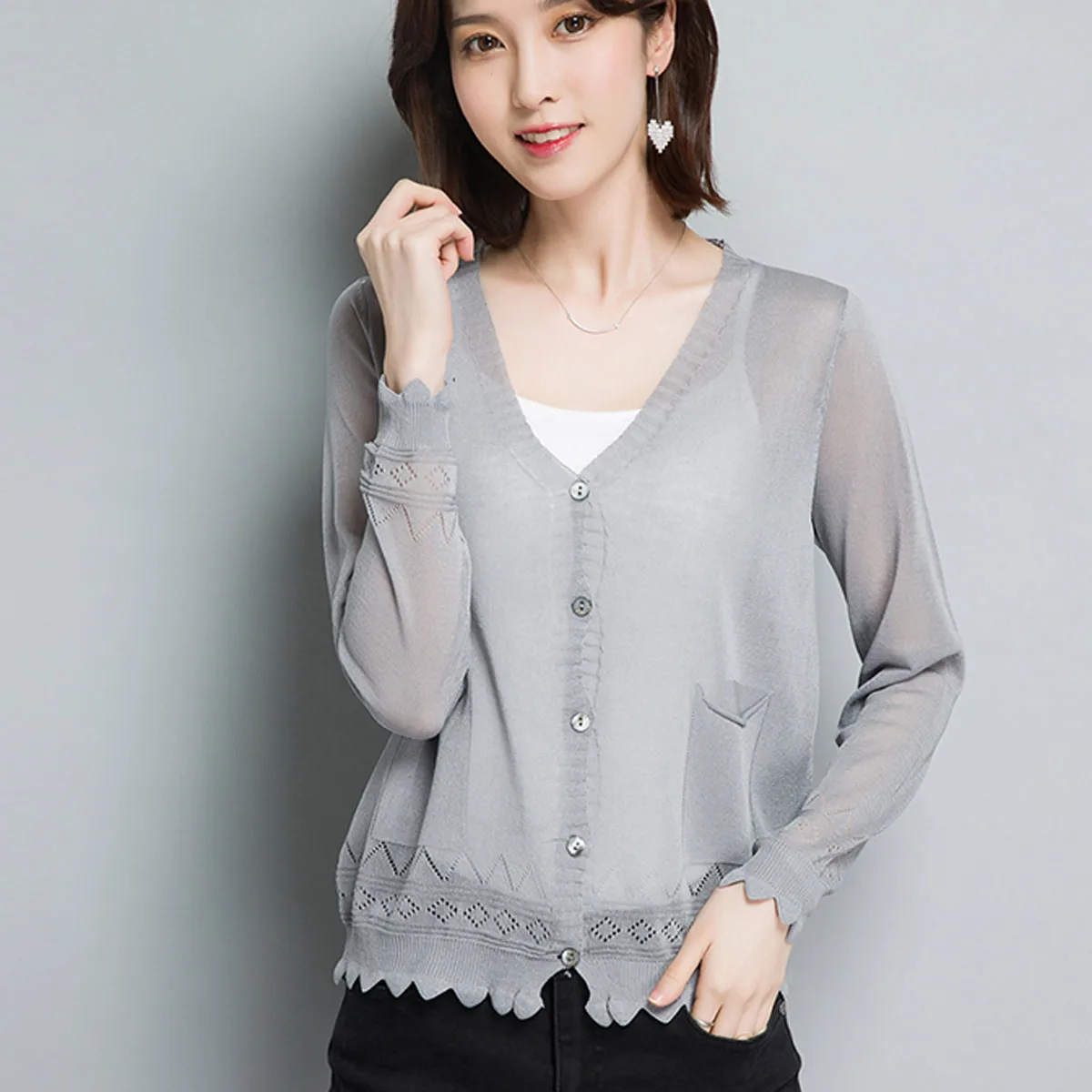 Кардиган женский вязаный с длинным рукавом шелковый хлопковый свободный