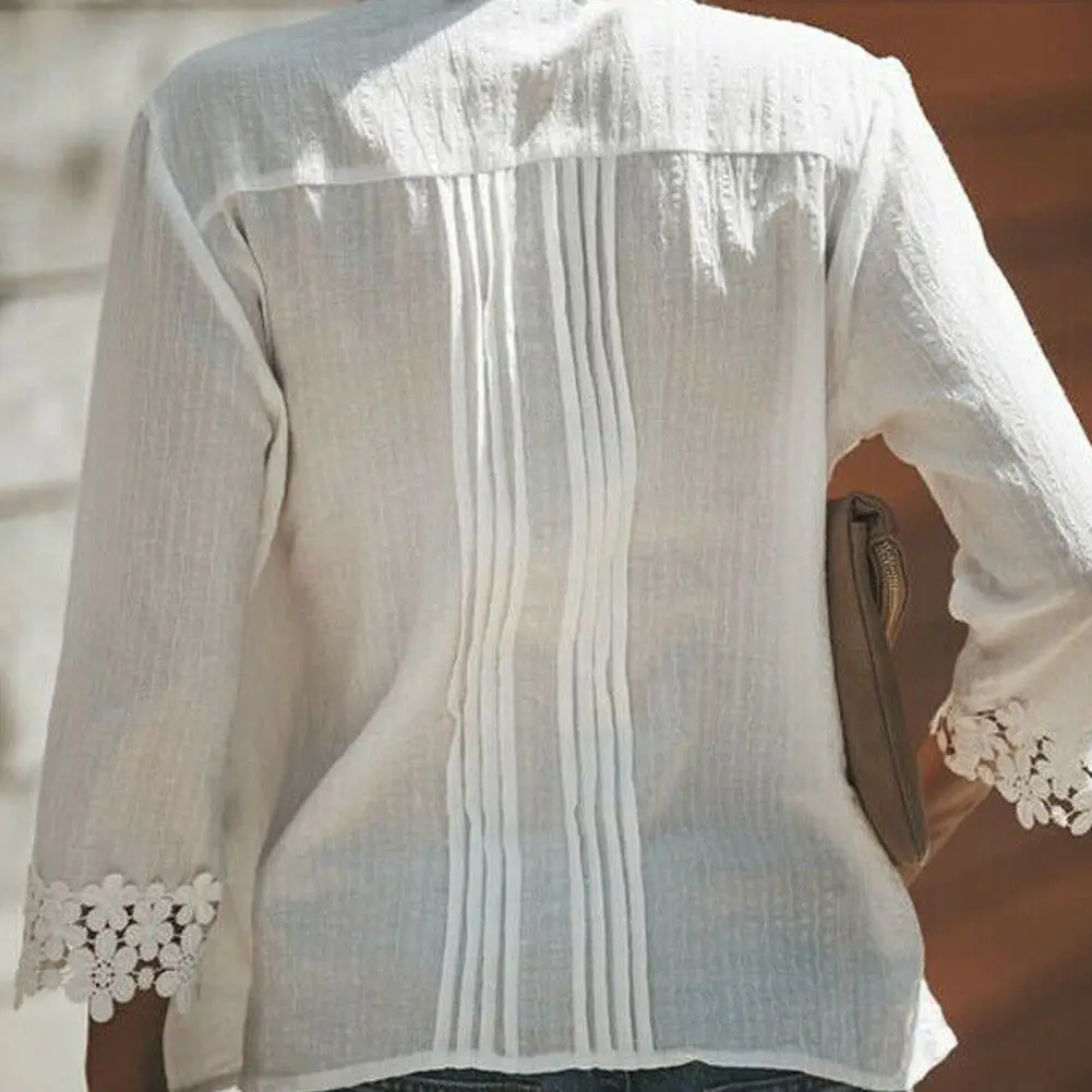 

sexy spring solid Newly Fashion Womens Patchwork Sheer Long Sleeve Embroidery Floral Lace White Tee Blouse plus size S-2XL