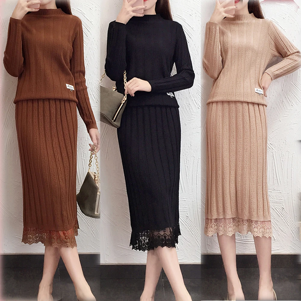 Размера плюс вязаный комплект с толстовкой Длинные рукава Одежда для женщин из 2