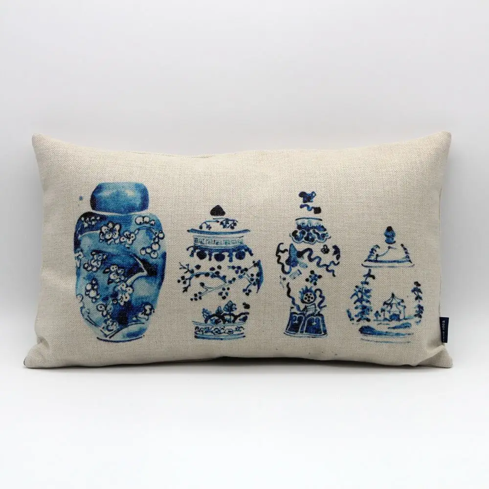 

LINKWELL 20x12" Fashion Chinese Ceramic Vase Dark Blue and White Porcelain Burlap Cushion Cover Pillowcase Chinese Style