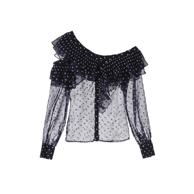 Подиумные Женские рубашки в горошек 2019 сексуальные шифоновые блузки с длинным