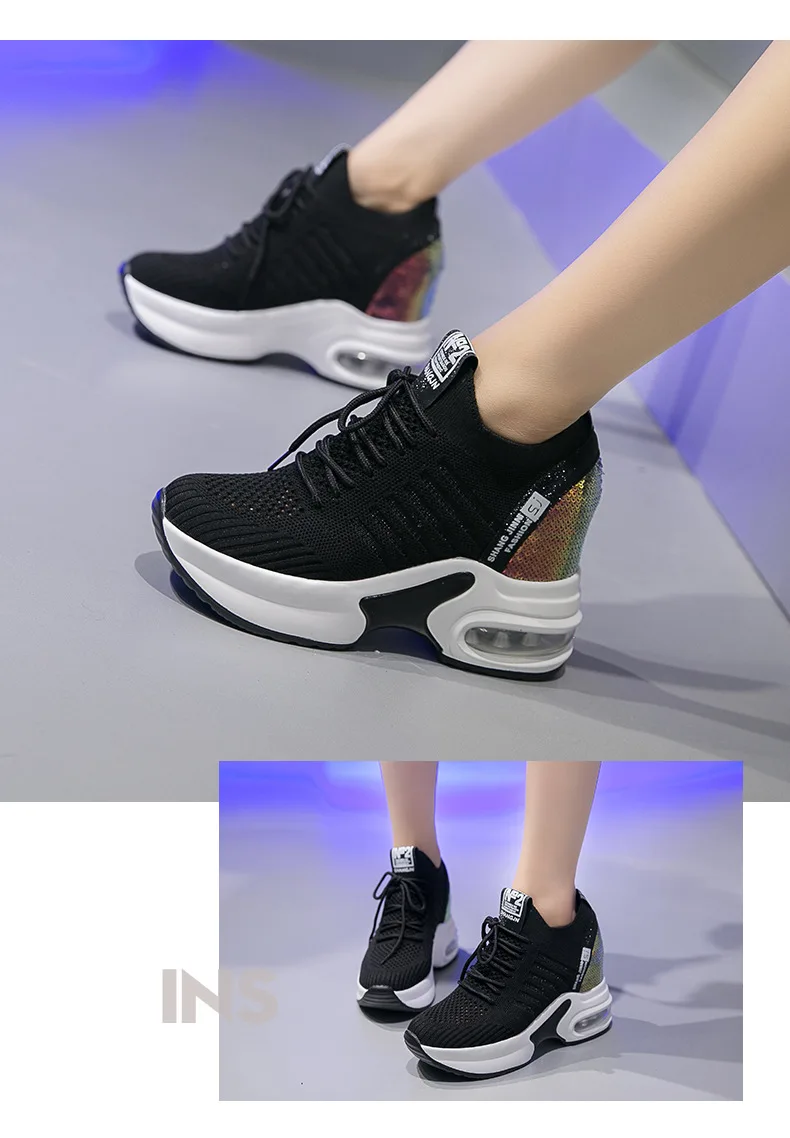 Fashion Spring Women Bling Shoes Mesh Wedge Sneakers Summer Breathable Casual Shoes Woman Round head casual shoes