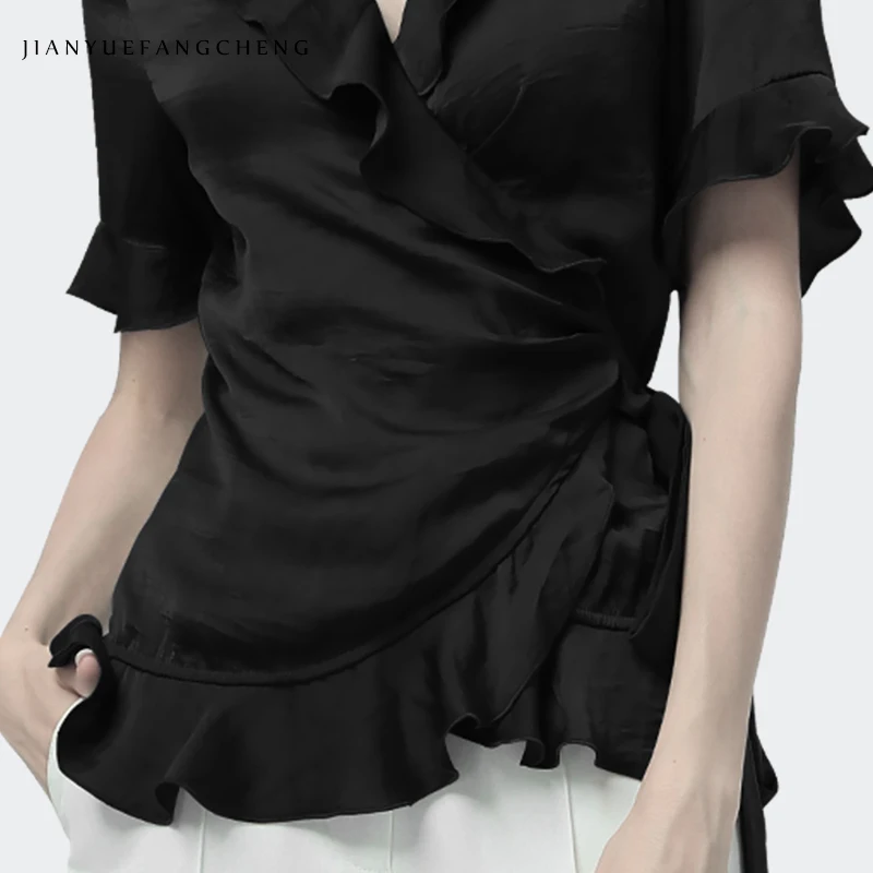 

Crossed Lace Up 100% Silk Blouse For Women V-Neck Butterfly Sleeve Tunic Summer Cardigan Fashion Black Workwear Office Blouses