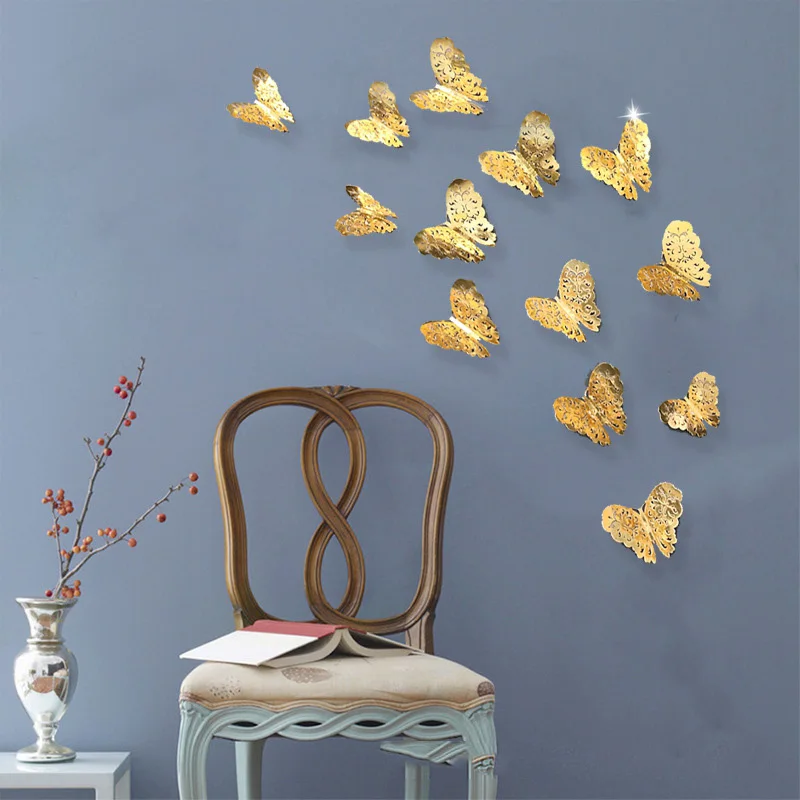 12Pc Beautiful Rose Gold Silver 3D Hollow Butterfly Wall Sticker For Wedding Birthday Party Home Kids Room Decoration Wall Decal images - 6