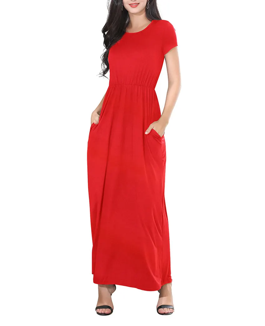 

Женское хлопковое длинное платье с карманами, повседневное однотонное пляжное платье с коротким рукавом и круглым вырезом, летнее праздничное облегающее платье, девять цветов, 2019