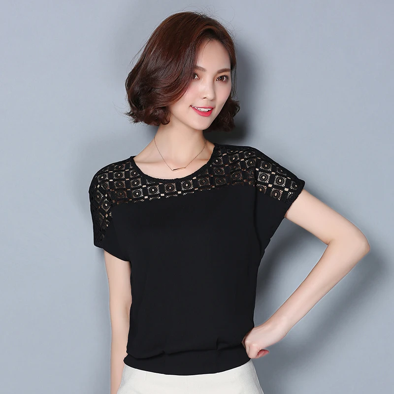 new fashion brand summer style Women's Clothing Blouses lace Hollow out chiffon Shirts o-neck Female short sleeve loose tops | Женская
