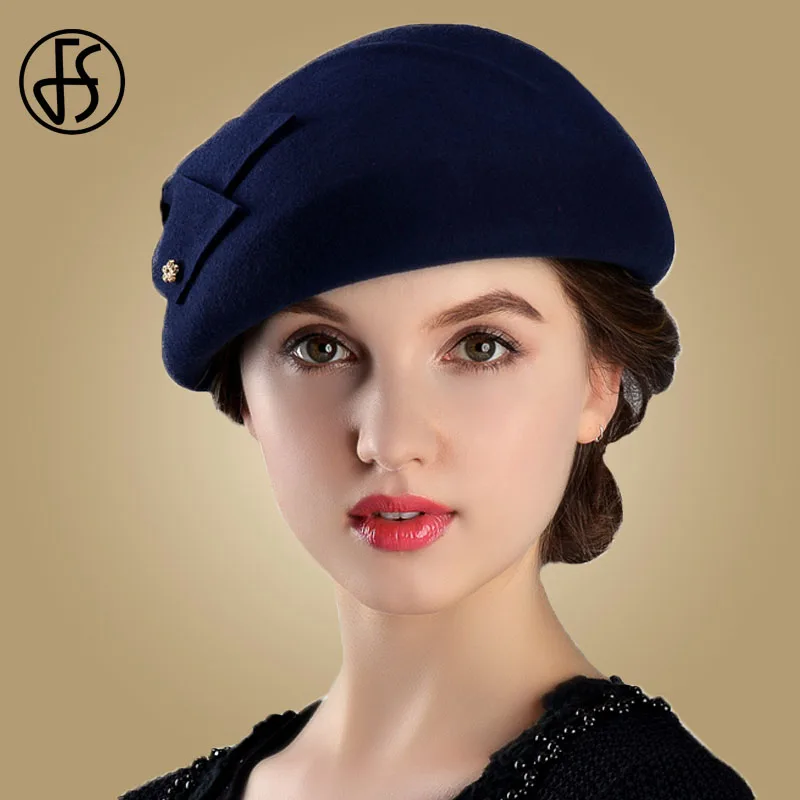 FS-قبعات بيريه فرنسية للنساء ، موضة 100% ، صوف ، فيدورا ، قبعة شتوية زرقاء أرجوانية حمراء ، قبعة عتيقة