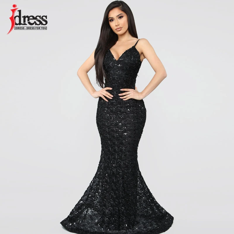 Женское длинное вечернее платье макси IDress с блестками на тонких бретельках