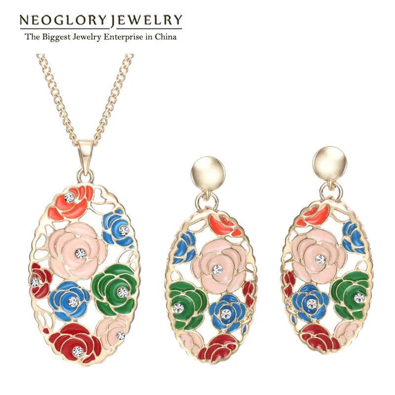 Neoglory Light Yellow Gold Color Flower Jewelry Set for Women Wedding Necklace Earrings Fashion Stoving Varnish Gift | Украшения и