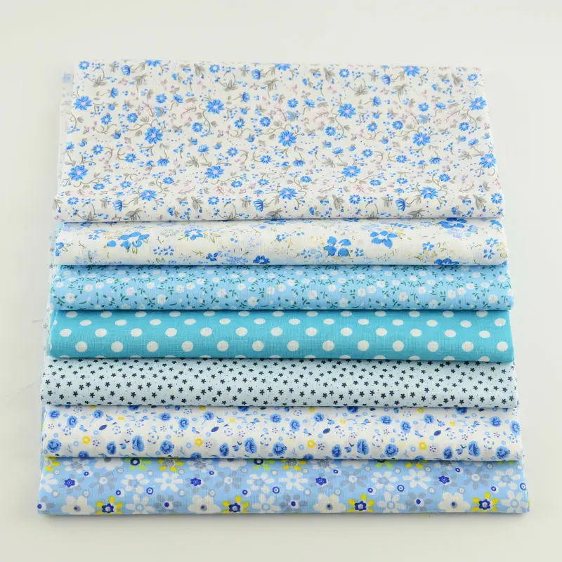 7pcs Mix Light Blue Print Lovely Flowers Abd Dots Cotton Fabric Square Bundle Perfect Match Table Cloth DIY Dolls Handmade