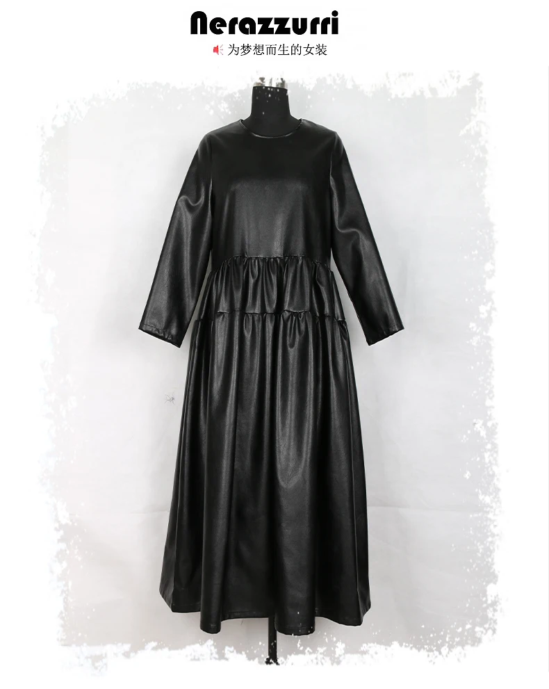 Nerazzurri, черное платье из искусственной кожи, Женское Платье макси с длинным рукавом, осеннее платье, плиссированное длинное женское платье, теплое кожаное платье больших размеров, одежда для женщин, 4xl 5xl 6xl 7xl