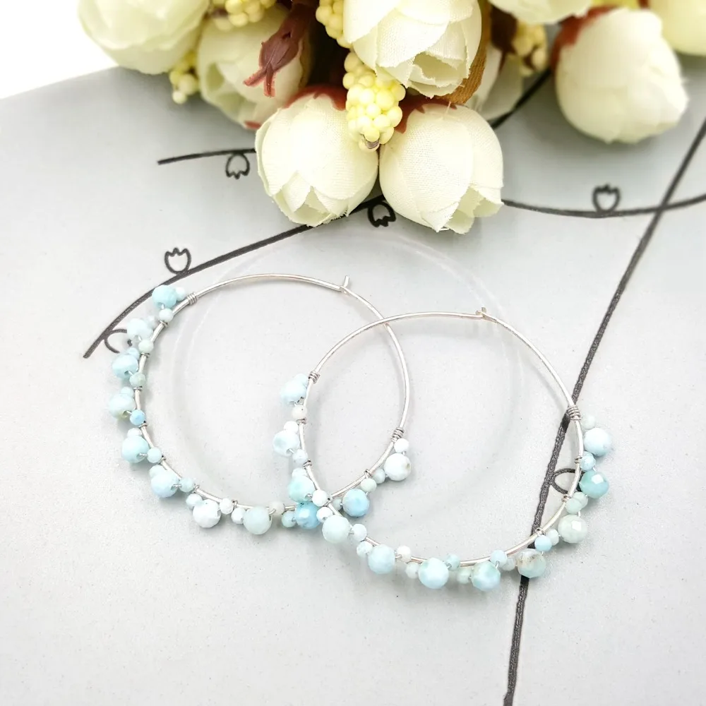 LiiJi Unique Natural Stone Blue Larimar 925 Sterling Silver Big Hoop Handwork Earrings Women Fashion Daily Jewelry