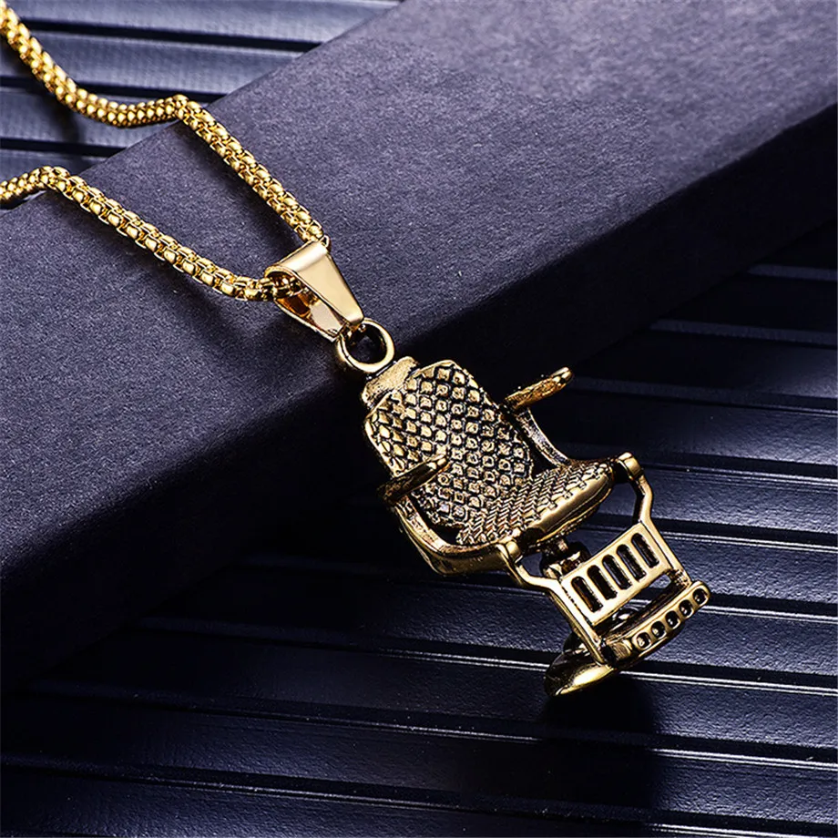 

Fashion Gold Silver Color Barber Shop Barber's Chair Seat Necklace Pendant Jewelry Long Chain Hip Hop Men Necklace