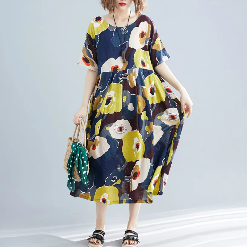 Print dress Летнее повседневное пляжное платье размера плюс, большие свободные хлопковые плиссированные женские платья, свободные женские платья с принтом, 4XL 5XL 6XL для женщин - Цвет: Print dress