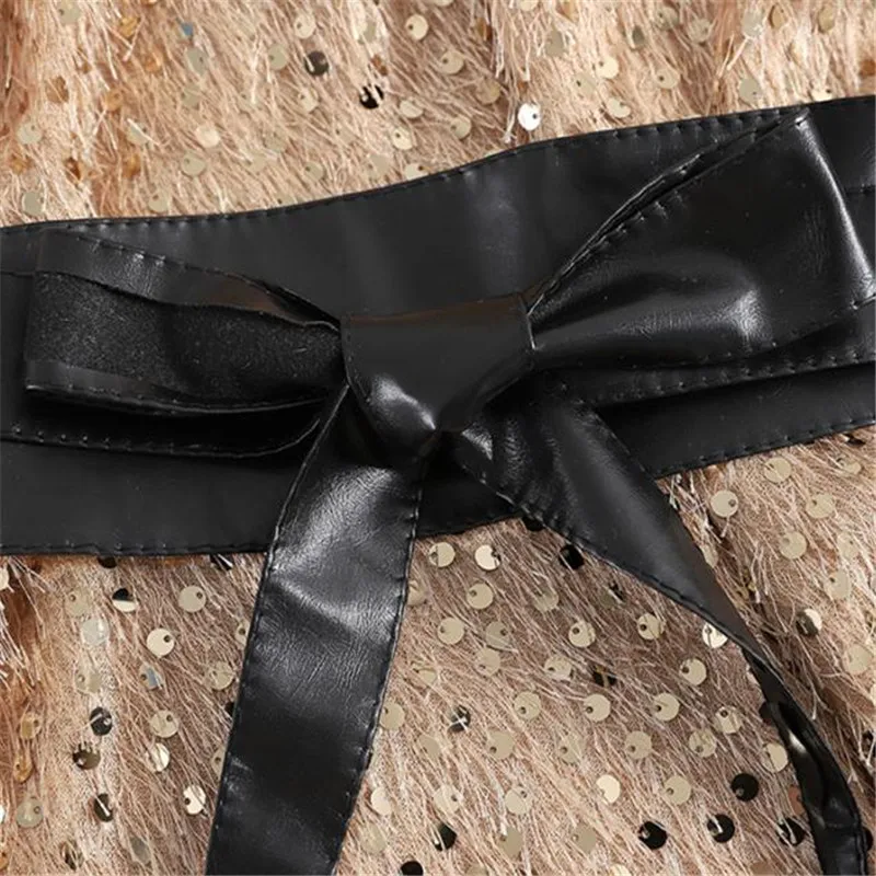 

Spring Autumn Women Long Sleeve Dresses Mesh Patchwork Sequined Dress Female Tie Bow Tassel Dress Sexy Club Dress Vestidos A1260
