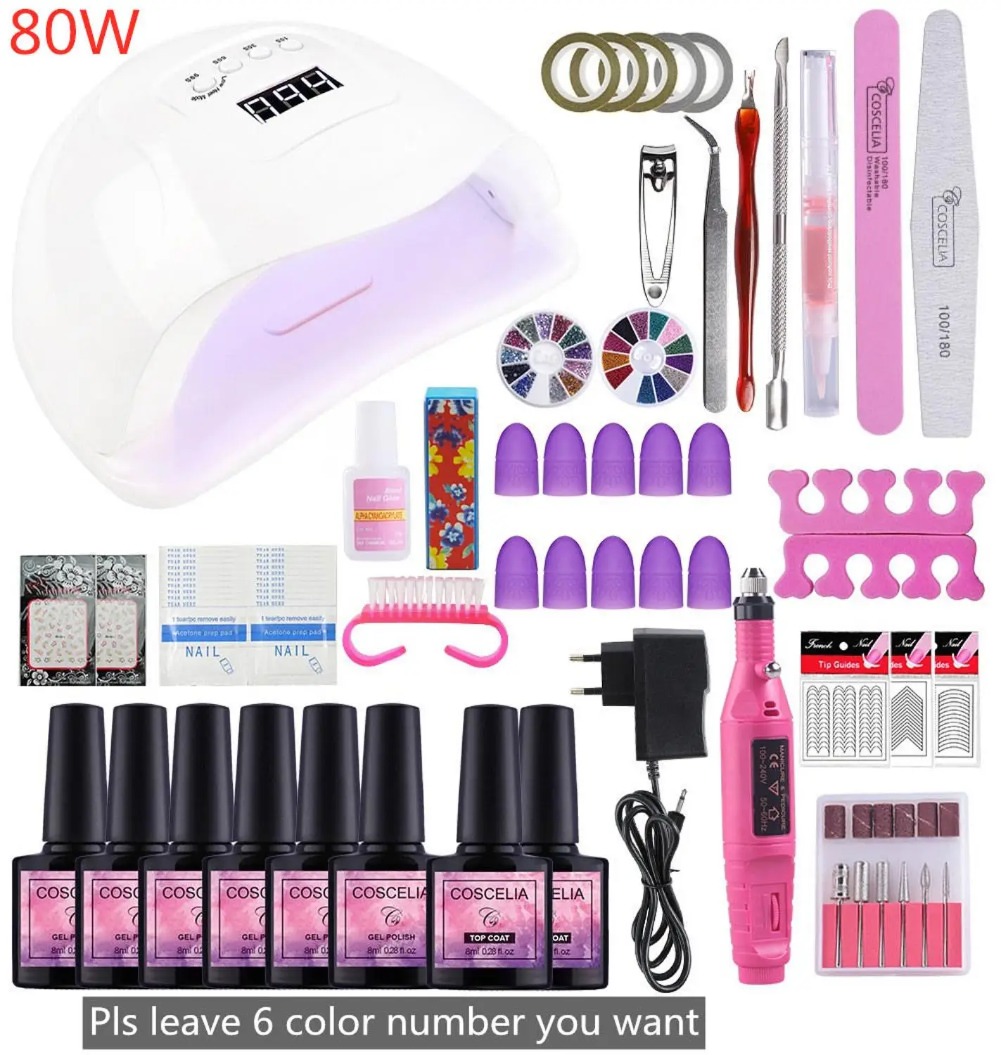 80W with 6pcs Gel Маникюрный набор COSCELIA 80 Вт УФ светодиодная лампа с 12 шт. Гель-лак для ногтей Набор для ногтей Электрический сверлильный станок Инструменты для маникюра - Цвет: 80W with 6pcs Gel