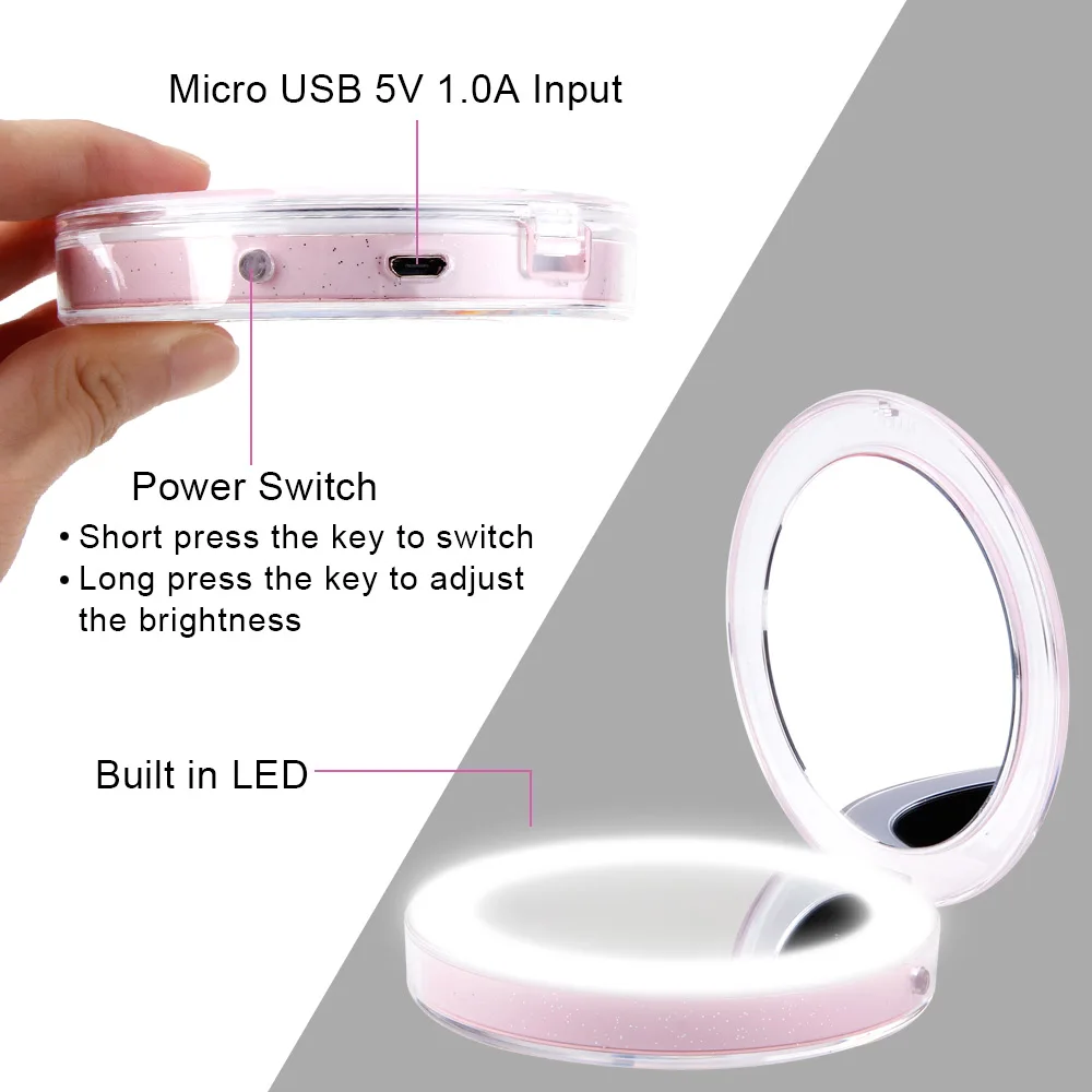 Зеркало для макияжа с 11 светодиодными лампочками карманное увеличительное