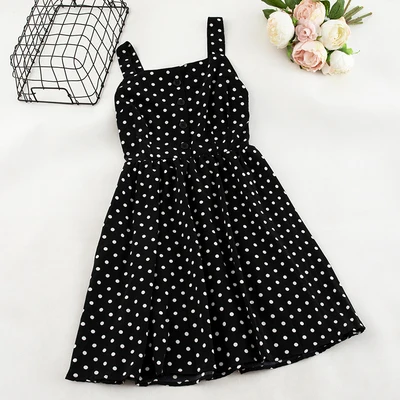 black small dot SINGRAIN/платье в горошек в богемном стиле; корейский пляжный сарафан с вырезом лодочкой; платье в горошек с рюшами в стиле ретро; праздничное летнее шифоновое платье трапециевидной формы на бретелях - Цвет: black small dot