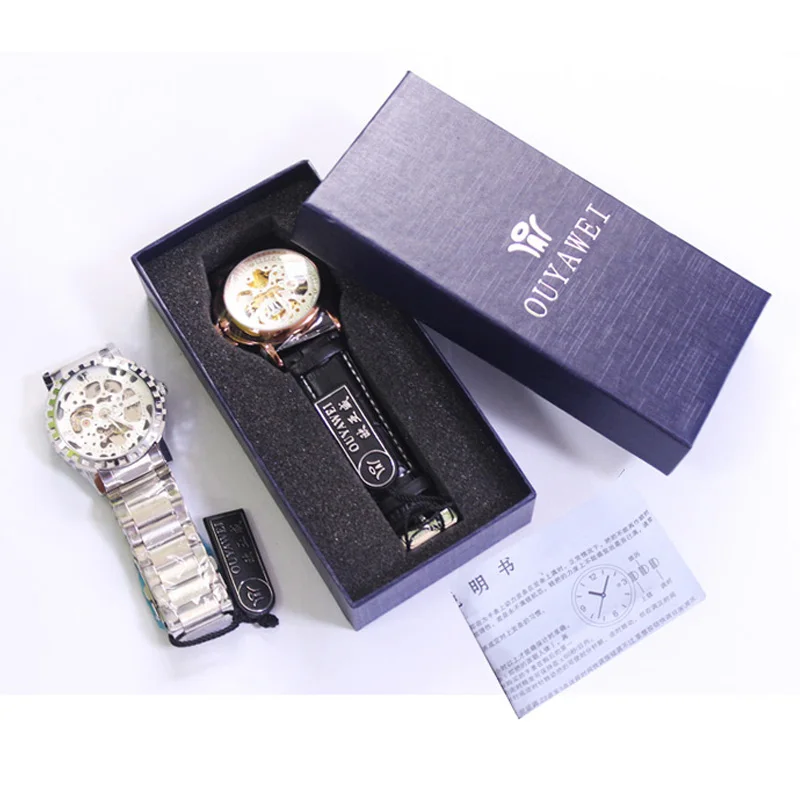 OUYAWEI мужские наручные часы с скелетом Мужские кожаным ремешком в стиле стимпанк