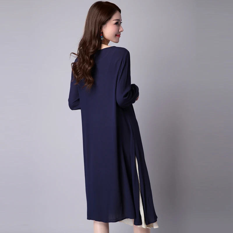 Winter Autumn Dress Long Sleeve Size M~2XL Linen Cotton Vintage Two Piece Solid Color O Neck Maxi Casual | Женская одежда