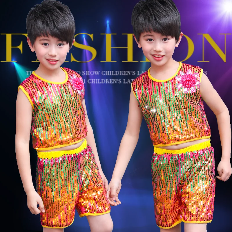 Kid boy girl dance colorful rainbow sequins glitter jazz costume dress clothes hip hop stage clothing tutu |