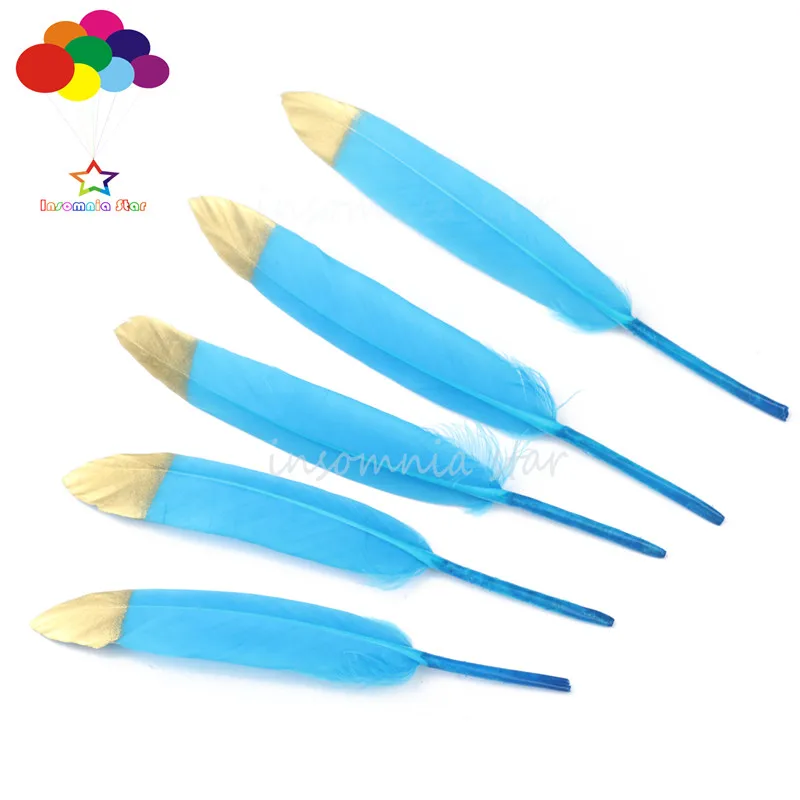 

Dyed Blue and Gold Head 100% Natural Goose Feather 10-100pcs 6-8inch/15-20cm Diy Carnival Costume Mask Headdress Crafts
