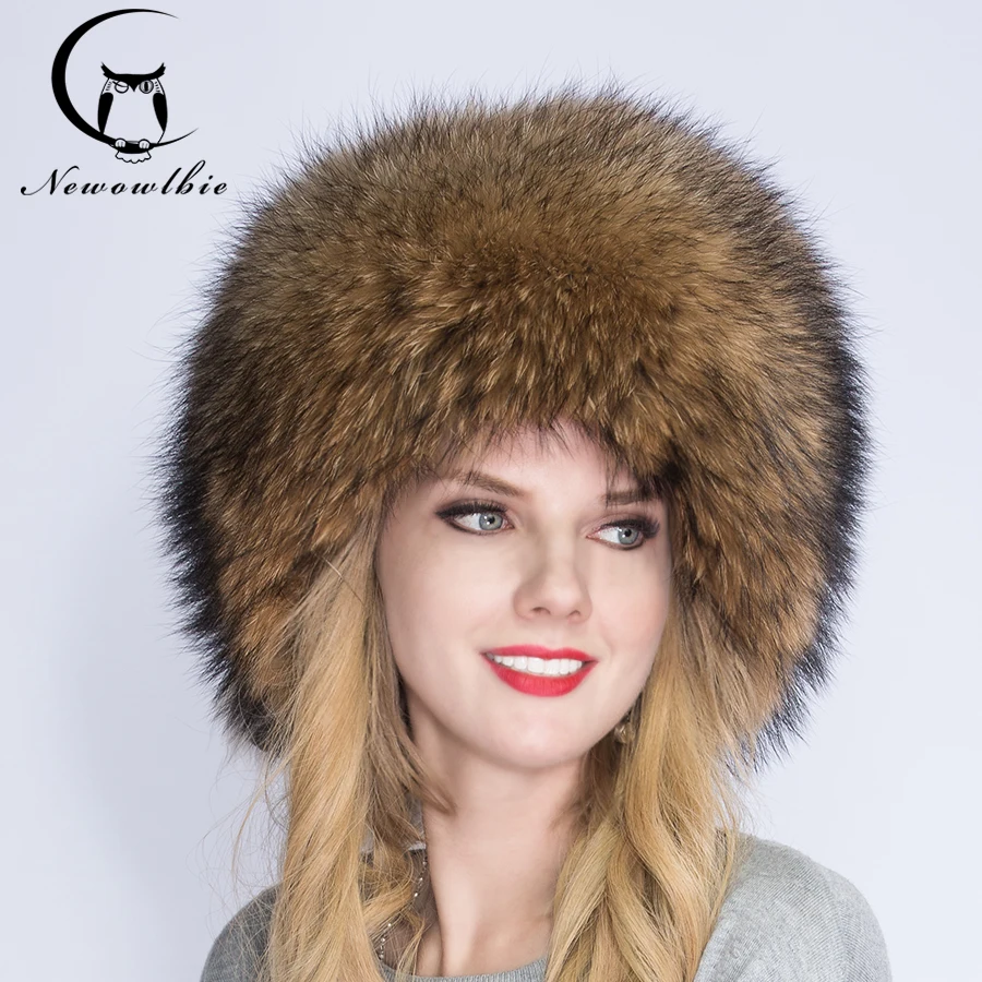 Winter Natural Raccoon Fur Cap Mongolia hat Lady Fashion Raccoon Fur Warm Cap High quality raccoon fur, warm and comfortable