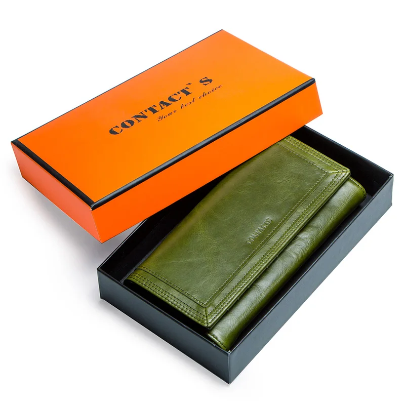 Contact's Fashion Women Wallets With Card Holder Genuine Leather Long Clutch Brand Design Female Coin Purses Cell Phone Pocket - Цвет: Green Box