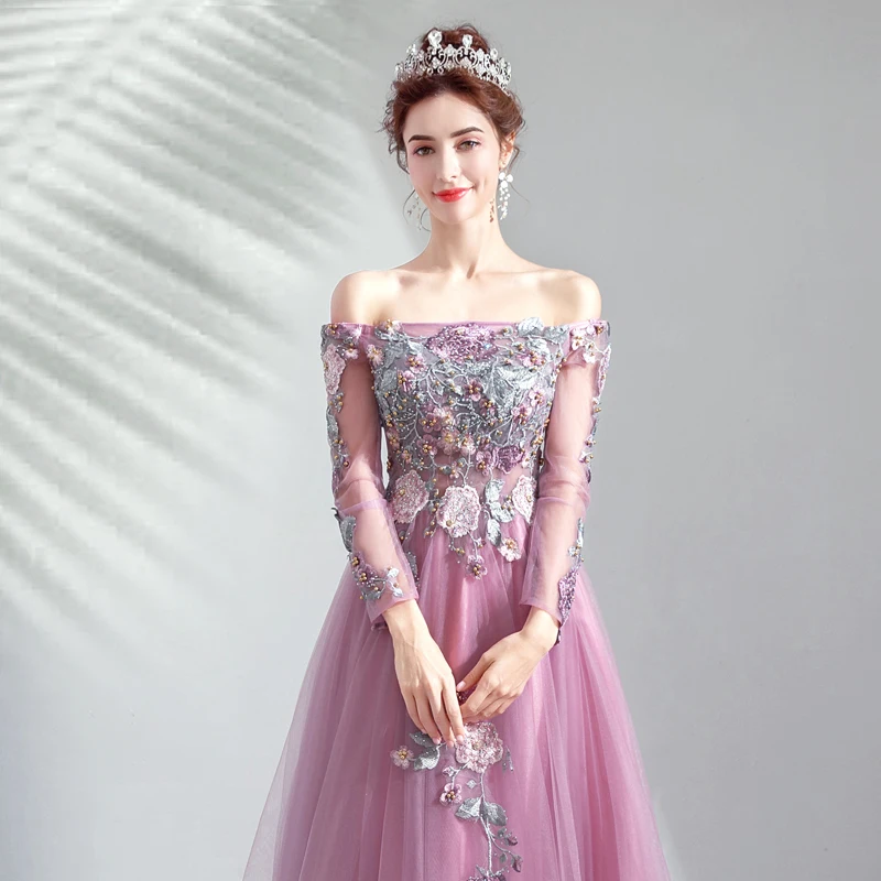 Женское вечернее платье до пола SSYFashion роскошное фиолетовое с кружевной