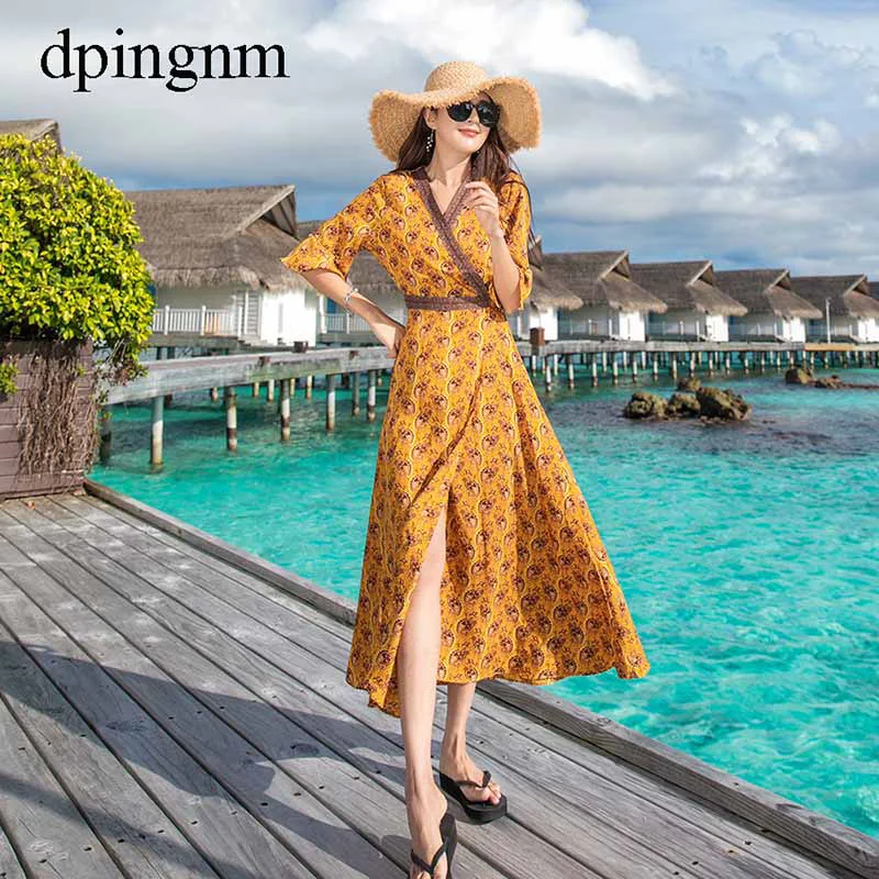 V-neck Print Maxi Bohemia Loose Vintage Tassel Summer Autumn Women Long Dress short Sleeve Dresses Female QW | Женская одежда