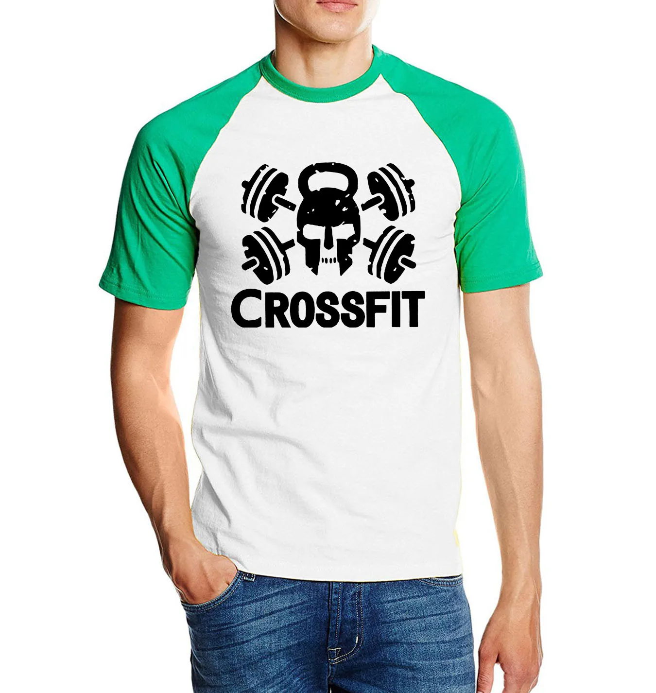 Хлопок высокое качество CrossFit Мужская футболка Новинка Лето Crossfit реглан мужские футболки топ для фитнеса футболки Camiseta Masculino - Цвет: green white