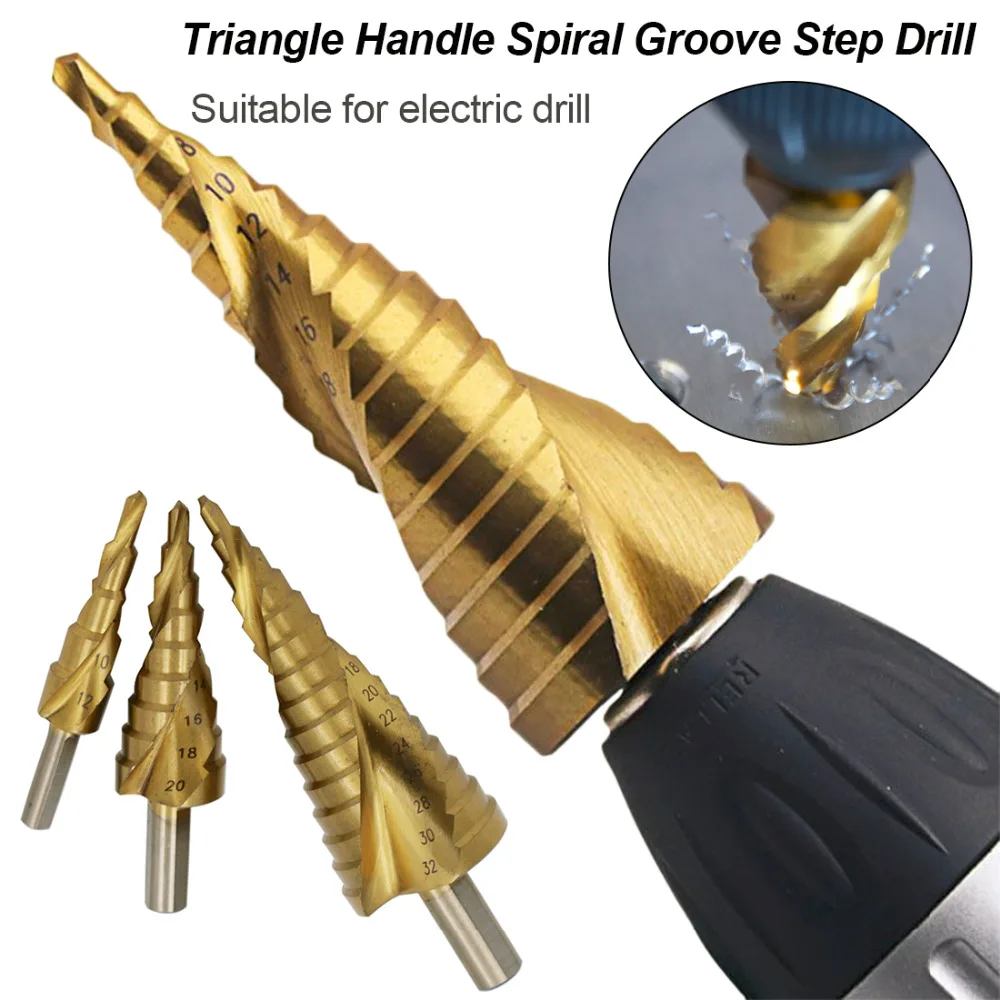 

3Pcs/set 4-12/20/32mm Metric Spiral Flute Pagoda Shape Hole Cutter HSS Steel Cone Drill Bit Set HSS Steel Step Sharpening