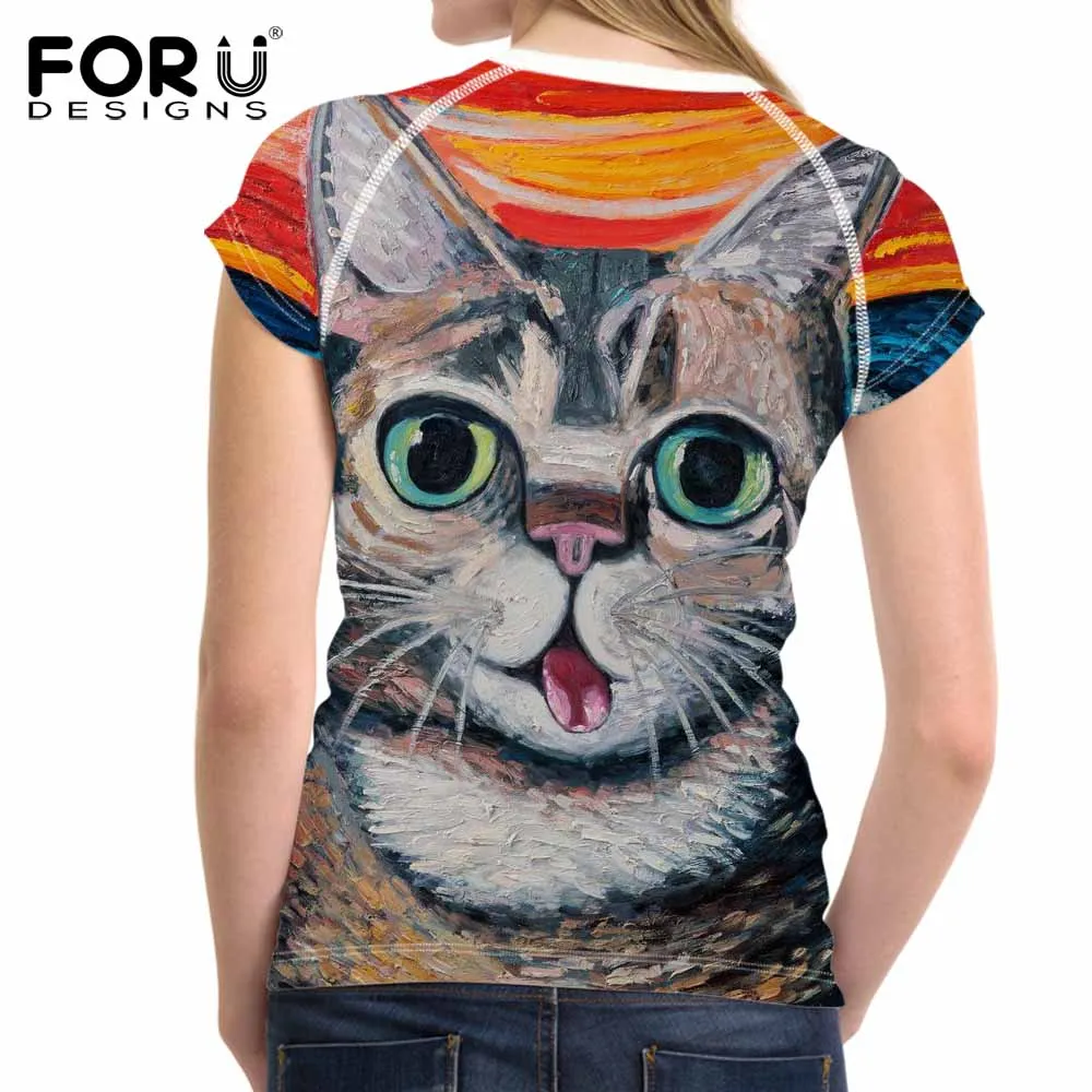 

FORUDESIGNS Lovely Cats Printed Women T-Shirts Tees O-neck Oil Painting Animals T Shirt Female Tees Elegant Ladies Slim Tops New