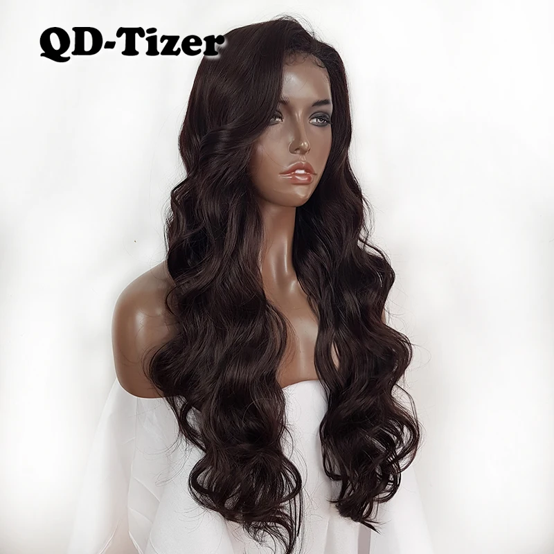 QD-Tizer Long Hair Synthetic Lace Front Wig Hair Color #4 Body Wave Side Part African American Lace Wigs Baby Hair for Women