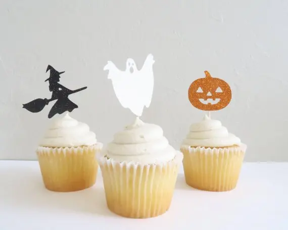 

Halloween Cupcake Toppers,Witch Broom,Ghost,and Pumpkin Cup Cake Topper, Halloween party decor, birthday party decor Fall decor