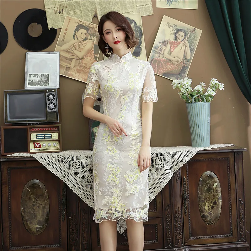 Женское кружевное платье Ципао Элегантное Длинное приталенное в современном