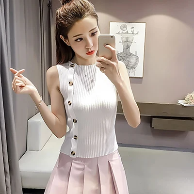 Shintimes, эластичные топы, летние, полосатые, винтажные, Camiseta, Tirantes Mujer, Camis,, на пуговицах, безрукавка, женский, хлопок, Haut Femme - Цвет: white