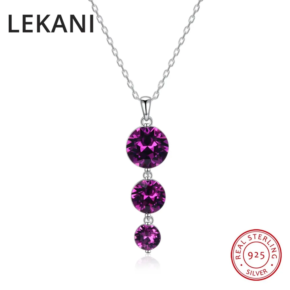 

LEKANI Purple Crystals From Austria Long Pendant Necklace For Women Party Wedding Chic S925 Silver Beads Chain Fine Jewelry