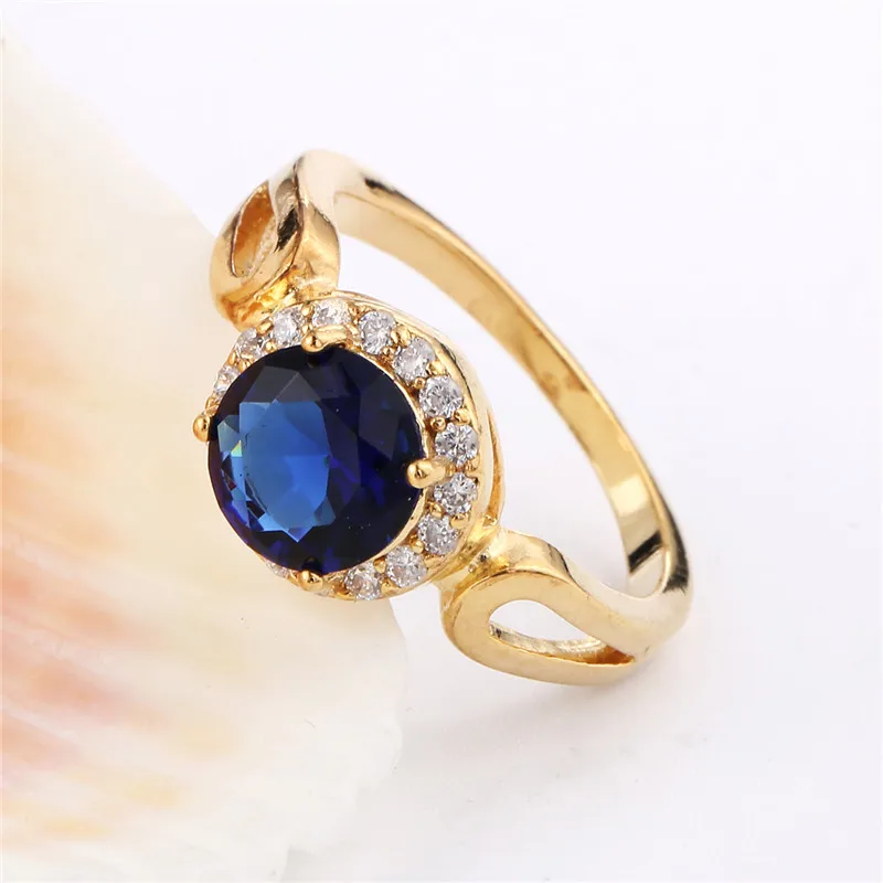 Женское кольцо на палец BUDONG с синим кристаллом и цирконием золотого цвета R329