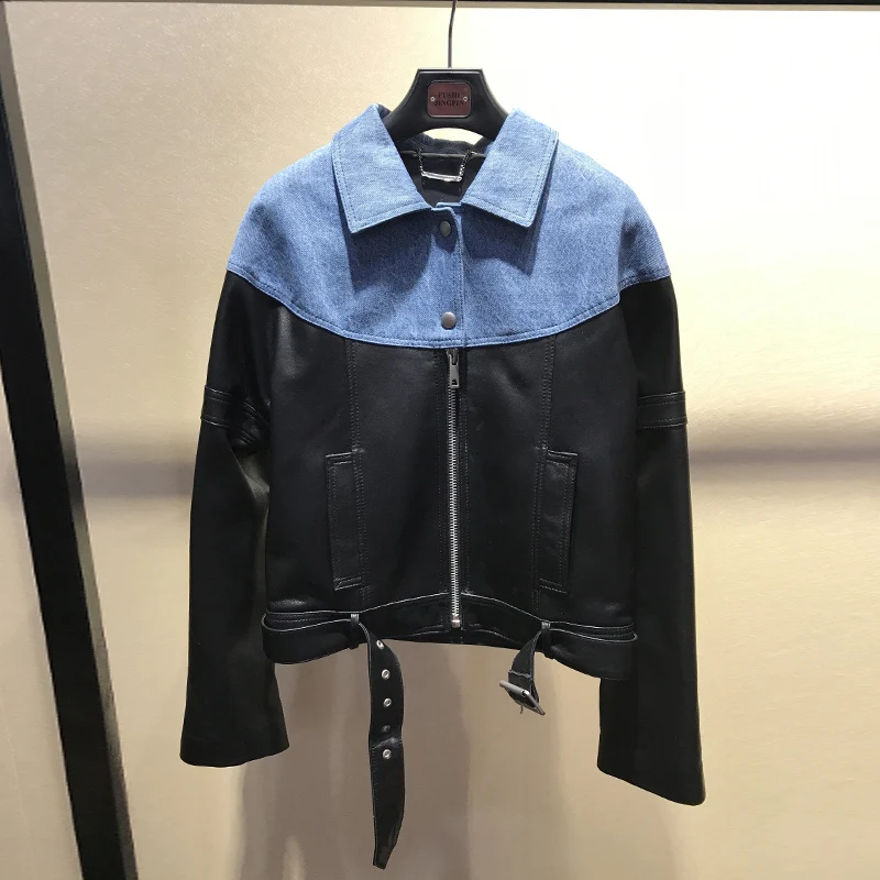 

European style women's real leather jackets Fashion 2019 spring denim patchwork sheepskin moto & biker jackets coat G119