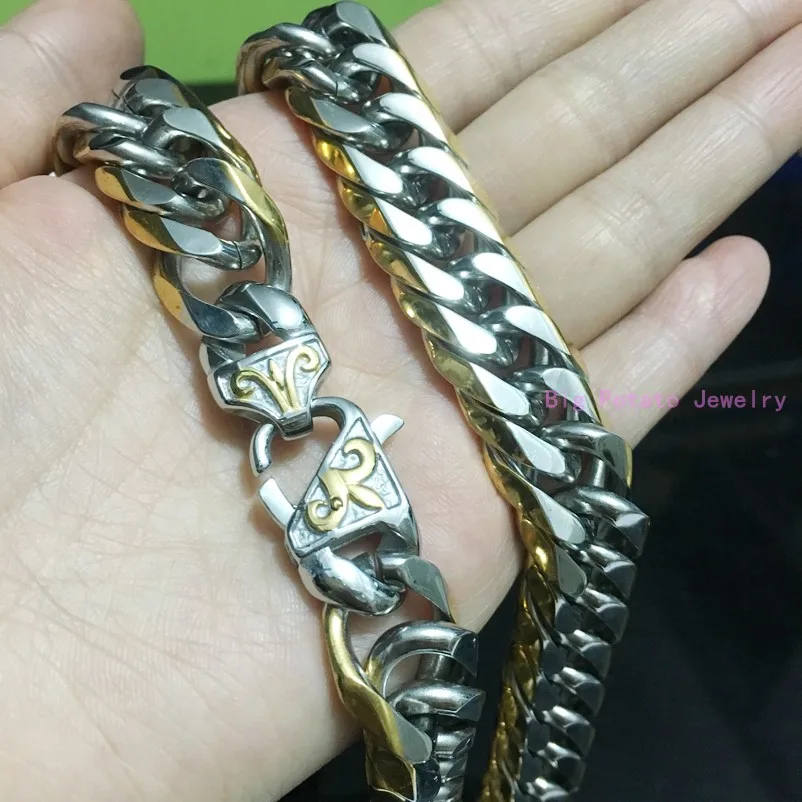 

16mm Width 316L Stainless Steel Silver Gold Color Cuban Curb Link Chain Necklace Charming Men Jewelry 7-40inch