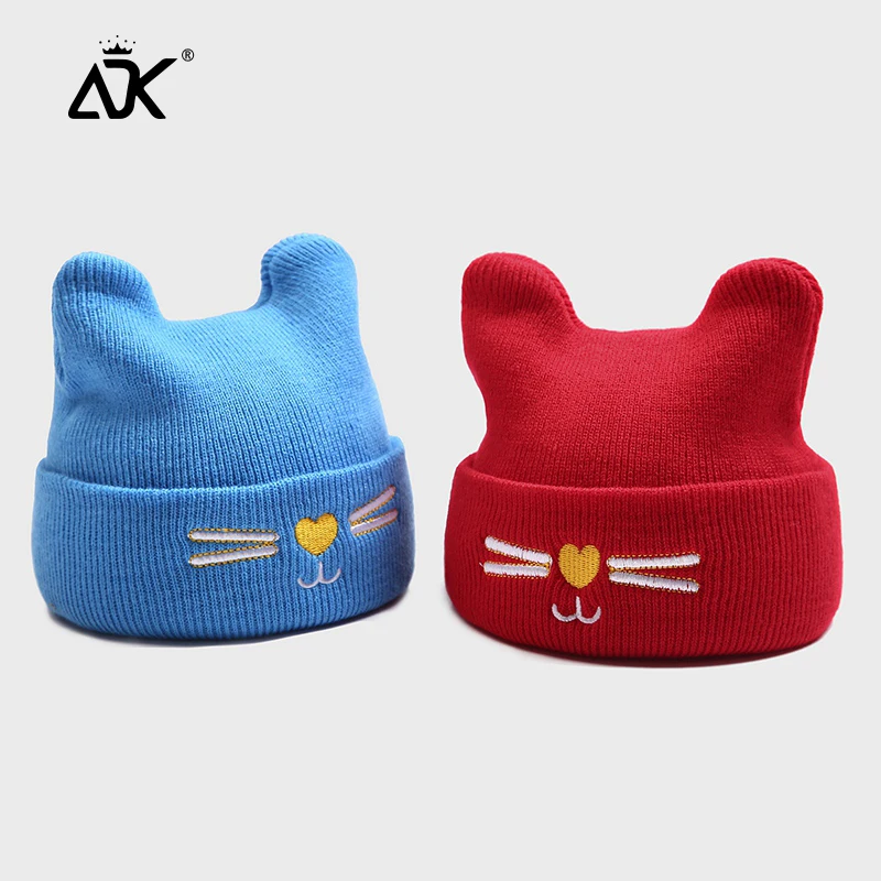 Детские кошачьи шапки вязаные с вышивкой для детей осенне-зимняя теплая Милая