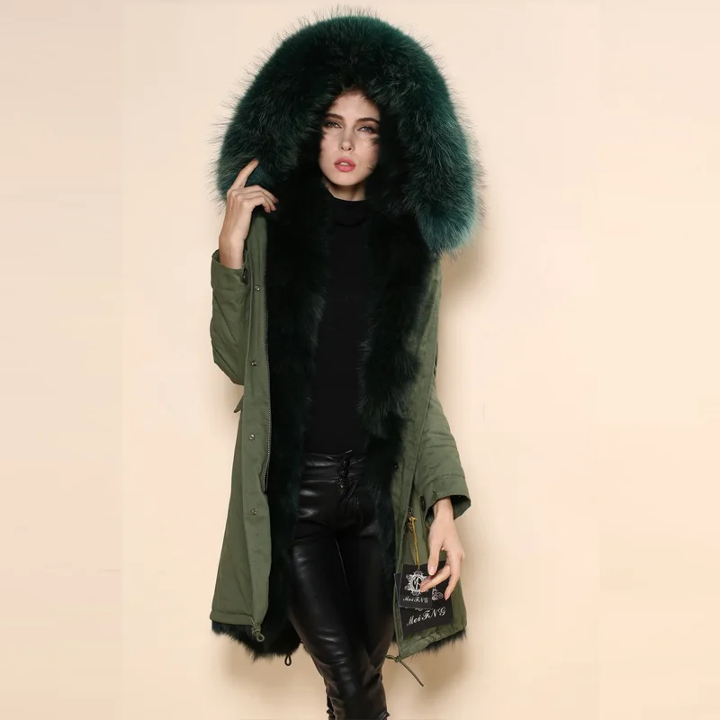 Парка женская на подкладке из размера плюс натурального меха енота с капюшоном