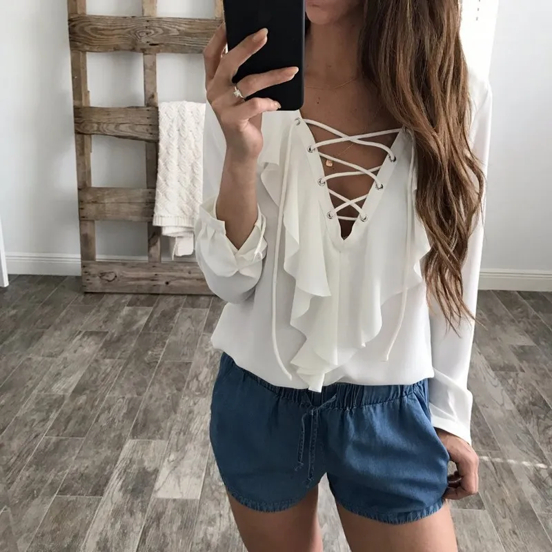 Sexy Top Women Chiffon Blouse 2018 Celmia Summer Autumn Lace Up V Neck Ruffles Long Sleeve Shirt Casual Plus Size Blusa Feminina |