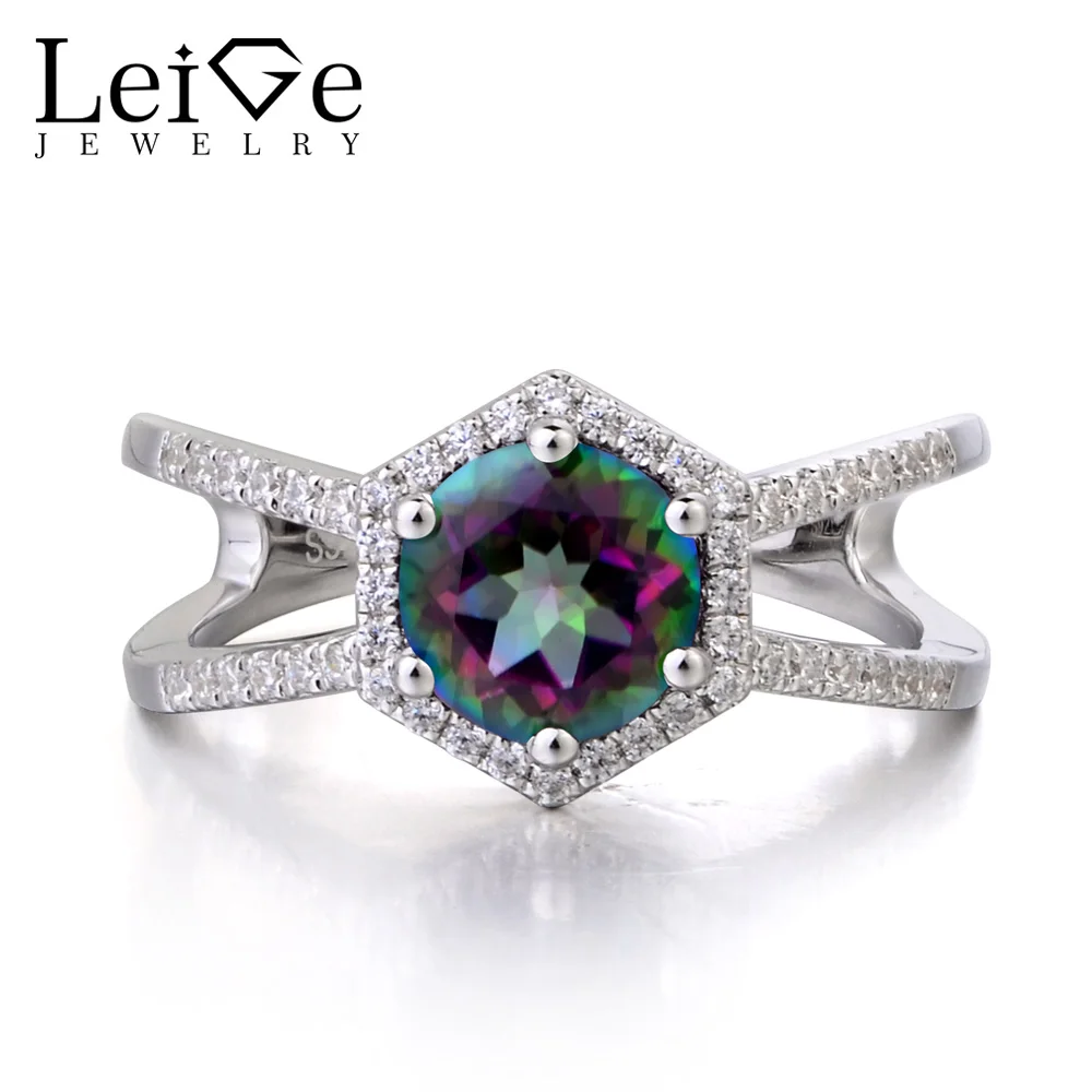 

Leige Jewelry Mystic Topaz Ring Engagement Rings Round Cut Rainbow Gemstone 925 Sterling Silver Ring November Birthstone for Her