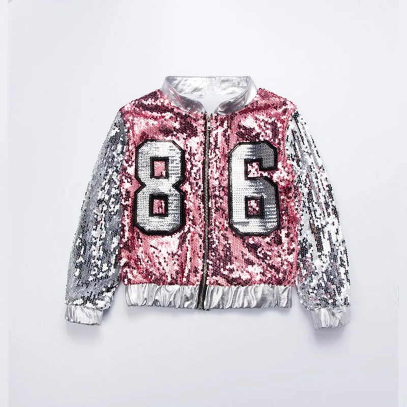 children girl Hip Hop Costume sequins glitter jazz street dance baseball clothes coat pants T-shirt kid pink silver |