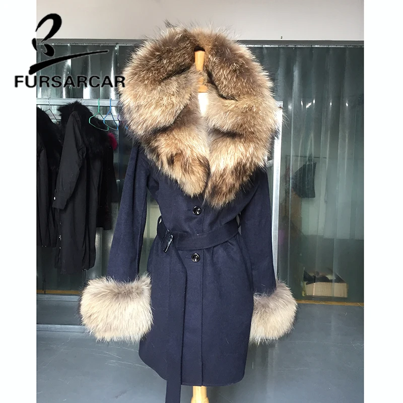 

FURSARCAR 2020 New Real Woolen Fur Coat Women Fashion Winter Genuine Leather Black Color Raccoon Fur Hood Slim Real Fur Jacket