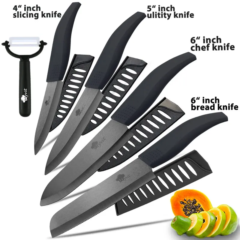 4566INCH BLACK BREAD Керамический нож 3, 4, 5 дюймов+ 6 дюймов, кухонные ножи, набор для хлеба с зубцами+ Овощечистка, циркониевый черный нож, нож для шеф-повара, Vege, инструмент для приготовления пищи - Цвет: 4566INCH BLACK BREAD