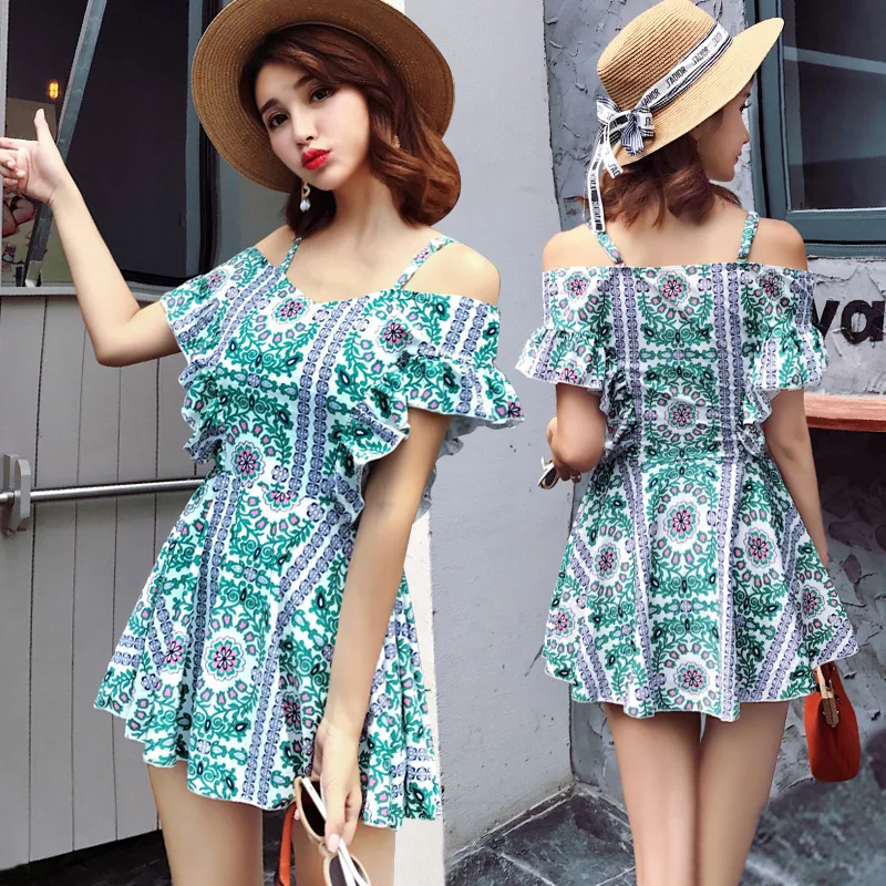 Тип платья трусики-шортики Цельный купальник пляжный с рюшами цветочный женский